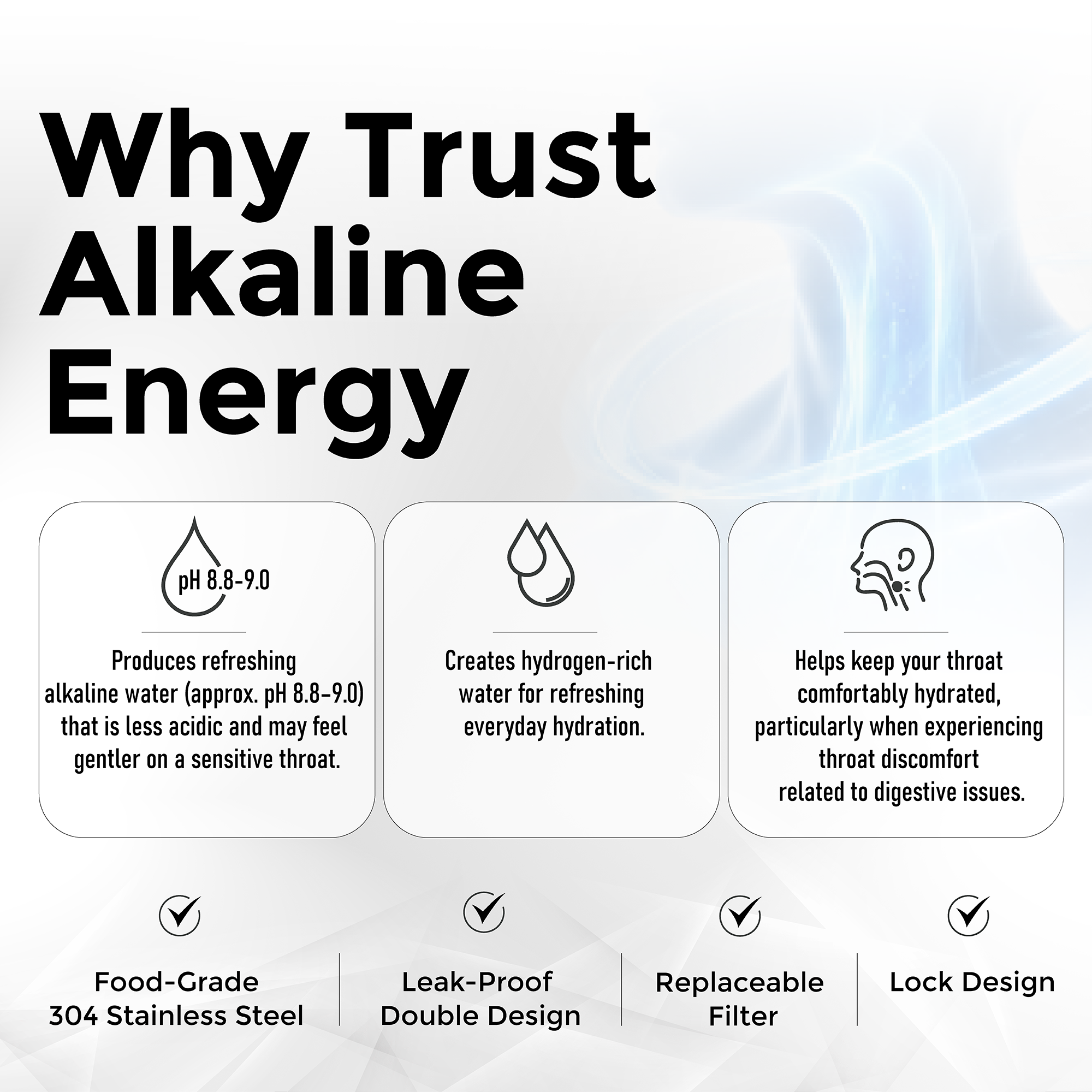 Promotional graphic for an alkaline water bottle or filter system with the headline 'Why Trust Alkaline Energy' and four feature callouts: pH 8.8-9.